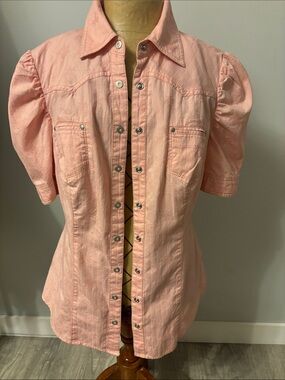 Western Style Guess Pale Pink Puff-Sleeve Button-Down Shirt